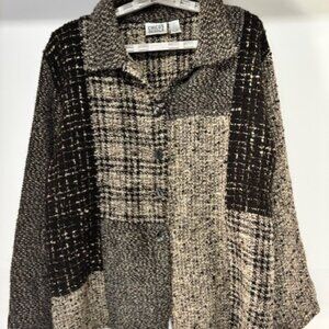 Chico's Designs Black Brown Wool Shacket Patchwork Vintage Artsy Neutral 3/XL